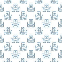 Poster - Smartphone with Bitcoin Sign vector Blockchain seamless pattern in thin line style
