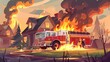 There's a fire truck at a burning house, a suburban cottage in flames with long tongues. A dangerous accident at home occurs when a fire truck is near a blazing country building.
