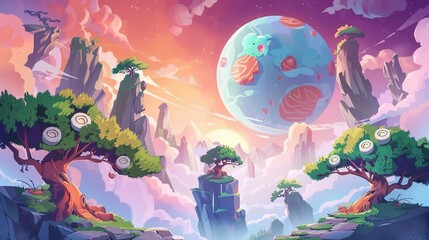 This modern banner of a sushi planet has a fantasy landscape with trees with rolls, ginger and salmon planets in the sky. A banner for a restaurant or arcade game with cartoon illustrations.