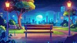 © Mark - In this urban garden cartoon modern illustration, you see a bench in a night park, along with litter bins and street lights in an empty public place.