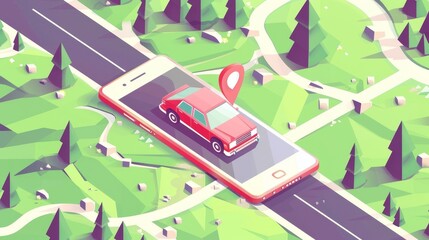 Poster - Detailed illustration of car and smartphone with GPS navigation. Digital service for vehicle with location search on mobile phone. Modern app landing page with isometric illustration of car and