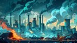 An illustration of a world of destruction and devastation as a cartoon web banner, illustrating a destroyed city, war, abandoned buildings, and factory pipes with smoke. This illustration shows