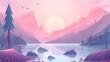 Modern cartoon illustration of nature scenery with lake, mountains, trees and birds in pink sky. Modern cartoon illustration of coniferous forest on river shore, rocks, clouds above water and birds