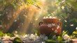 a clay water pot decorated with jasmine flowers in a beautiful morning setting with the sun rays shining through the trees and flowers