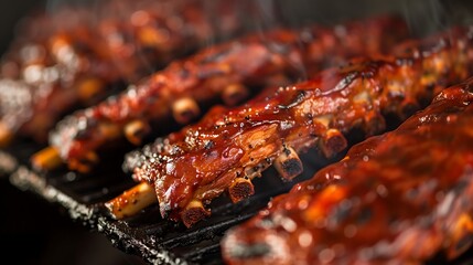Wall Mural - close-up of juicy bbq ribs in a smoker