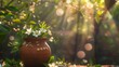 a clay water pot decorated with jasmine flowers in a beautiful morning setting with the sun rays shining through the trees and flowers