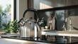 Stylish kettle with whistle on cooktop in kitchen