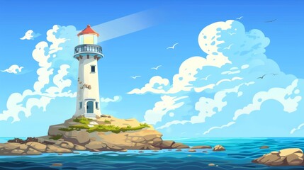 Wall Mural - An illustration of a lighthouse on a rock island in the sea. Modern cartoon illustration of a summer landscape along the shore with a building on the cliff and a beacon. Seascape with a lighthouse.