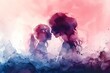 Abstract Silhouettes of Mother and Daughter in a Whimsical Watercolor Landscape Celebrating Maternal Bonds
