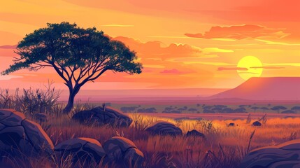 Wall Mural - Landscape of African savannah landscape at sunset, wild nature of Africa in the evening, cartoon background with green tree, rocks, grassland field and dusk sky. Kenya panorama. Modern image.