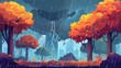 Landscape in autumn with orange trees and bushes in rain. Modern parallax background with cartoon illustration of a thunderstorm with lightning and water drops.