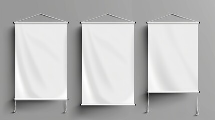 Poster - A blank white vinyl banner template with ropes hanging from it. Modern representation of horizontal, vertical, and square textile advertising streamers.