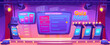 © klyaksun - Quiz tv show stage with contest participants and presenter platforms, screen with challenges and ratings, spotlights. Cartoon vector illustration of studio room interior with stage for trivia game.