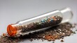 Close-up of a test tube with dirt tainted with multicolored microplastic particles