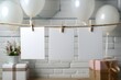 Blank White Cards Hanging on Rope with Clothespins Against Party Decor Background