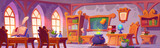 Fototapeta Panele - Magic wizard school classroom interior. Cartoon medieval schoolhouse inside with fantasy elements - witch cauldron, wooden table and chair with book and potion ingredients, cabinet with literature.