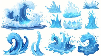 Poster - Modern cartoon set of flowing water streams, surging tide, falling water, and burst effect with splat isolated on white background.