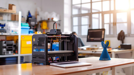 Poster - a modern 3d printer with laptop on the table in a manufacturing company, modern industrial technology 