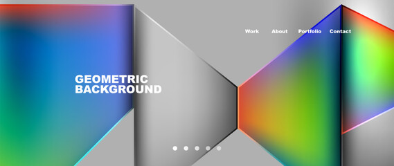 Poster - A geometric pattern background featuring rectangles, triangles, circles, and symmetry. It includes a rainbow of colors like electric blue and magenta with various tints and shades