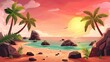 Modern illustration of summer tropical landscape of lagoon with sand shore, rocks, pink sky and sun at sunset on a sea beach with palm trees and stones.