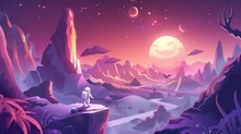 This Modern Cartoon Illustration Shows A Little Astronaut Running On Flying Platforms And A Cute Alien Planet Landscape, Showing A Futuristic Alien Planet Landscape And A Cute Spaceman, In A Cosmic