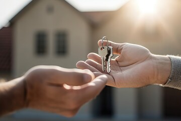 A man is holding a key in his hand and giving it to another person