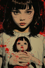 create a t-shirt design of a creepy looking asian young girl holding a doll. The girl has shoulder length black hair with blunt bangs.  She has an evil look in her eyes,generative ai