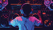 DJ playing vinyl on the neon color light background.