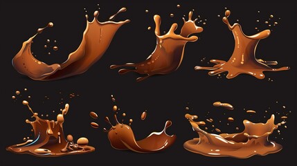 Wall Mural - Splatters of hot liquid, liquid splashes, swirls and droplets in 2D, brown liquid flow elements, explosions, bursts, splash blasts, drips and ripples in dynamic animation motion, Modern set.