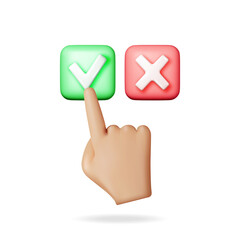Poster - 3D right and wrong button shape and hand. Green yes and red no correct incorrect sign. Checkmark tick rejection, cancel, error, stop, negative, agreement approval or trust symbol. Vector illustration