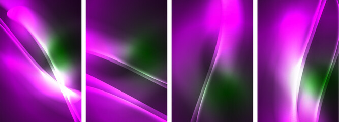 Poster - Colorful banners with purple, violet, magenta, and electric blue lights on a black background, creating an artistic pattern. Each banner is a rectangle adorned with green lights