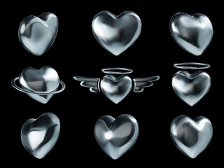 Wall Mural - Liquid chrome heart icons. Shiny metallic love symbol, retro Y2K hearts and romantic futuristic 3D shape vector set