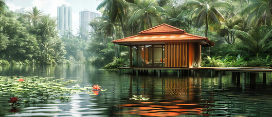 Wall Mural - Kerala Backwaters with Traditional Houseboat, Tropical Scenery with Palms and Calm River, Travel and Tourism in India