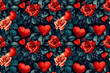 romantic red roses and hearts pattern on a dark botanical background
