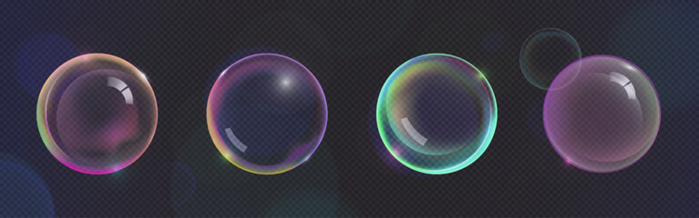 Poster - soap bubbles set isolated on transparent background. vector realistic illustration of glossy shampoo