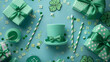 Top view photo of St Patrick's Day decorations hat-shaped party glasses, horseshoes, and gold coins on an isolated pastel green background with copy space, generative Ai