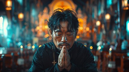 Sticker - Against the backdrop of a tranquil church interior, an Asian man sits in silent contemplation, his hands resting gently on a well-worn Bible