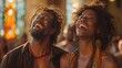 Against the backdrop of a sunlit church sanctuary, an Afro-American man and woman Gospel singers join hands as they lead the congregation in worship. Their exuberant voices fill the space with melody