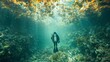 Amidst the tranquil beauty of the ocean floor, a scuba diver works diligently to clean and remove plastic and garbage waste that threatens the health of marine life. 