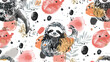 Hand drawn cute sloth and abstract spots. Colored vector