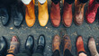 A striking display of various mens business shoes lined up neatly in a row, showcasing sophistication and style