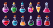 Magic potion. Love elixir, magical liquid bottles and alchemy inventory cartoon game interface elements vector set