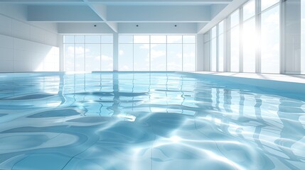 Poster -   A large indoor swimming pool filled with blue water Sunlight streams in through windows alongside the pool