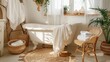   A white bathtub is positioned near a window in the bathroom A chair and a potted plant are nestled beside it