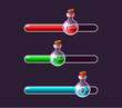 Cartoon power level bars. Fantasy game interface elements with potion vial bottles and progress bar for health, power and shield cartoon vector set