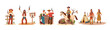 Cartoon wild west. Sheriff and cowgirl characters, wanted outlaw, saloon scene and Native Americans vector illustration set