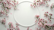  A dreamy composition featuring delicate cherry blossoms scattered around the edges of a circular frame empty inside,