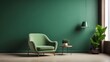 An armchair is situated against a blank green wall in the interior.