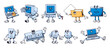 Computer code mascots. Programming characters, code file and terminal, binary keyboard, bug error, laptop and pc vector illustration set