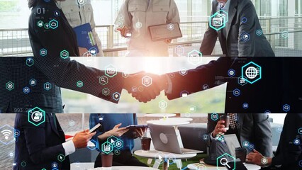 Aufkleber - Collage of various business scenes and digital technology concept. Wipe transition from white background.